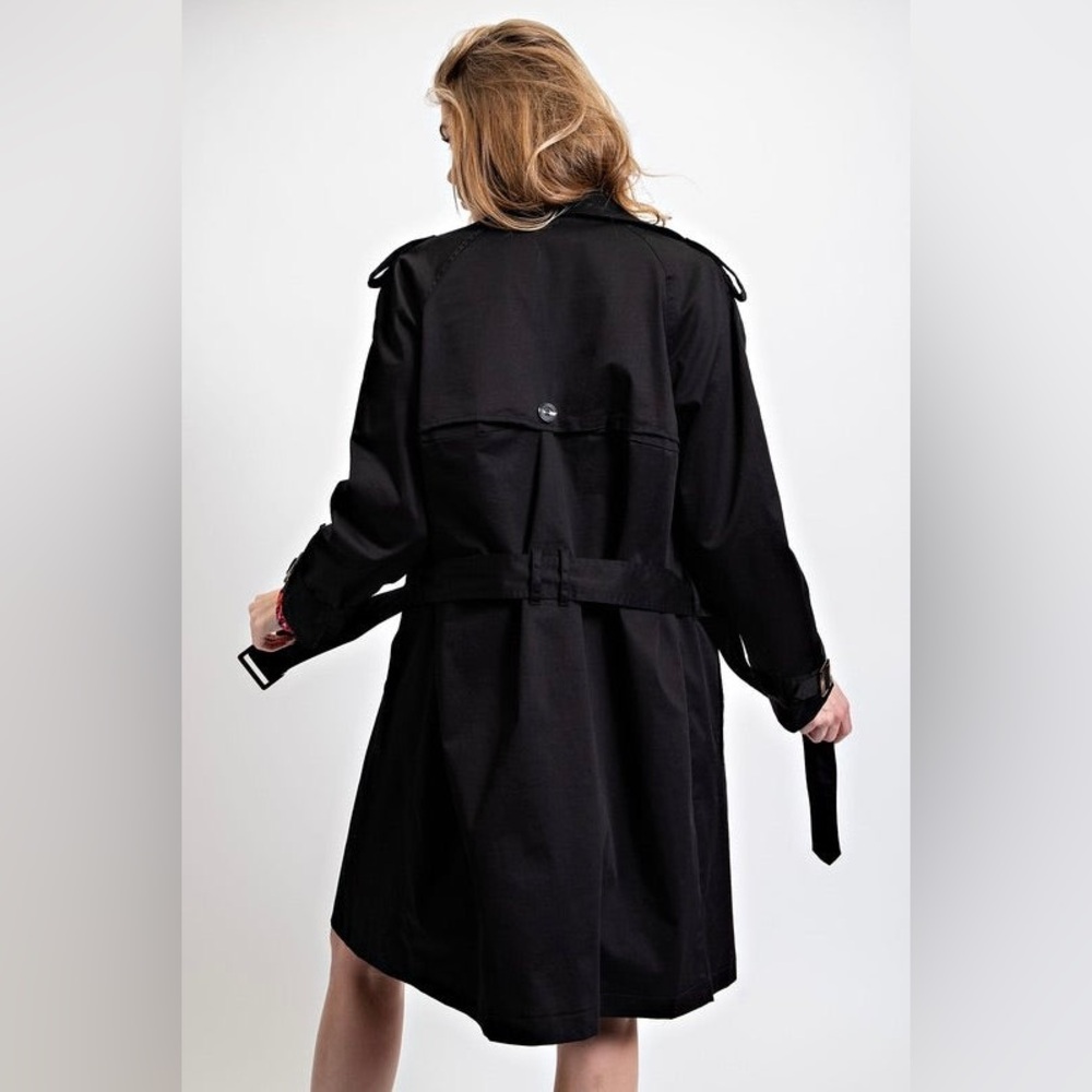 459. Easel Trench Coat Women's Black Oversized Buckle Belt Button Long Sleeve - Picture 3 of 4